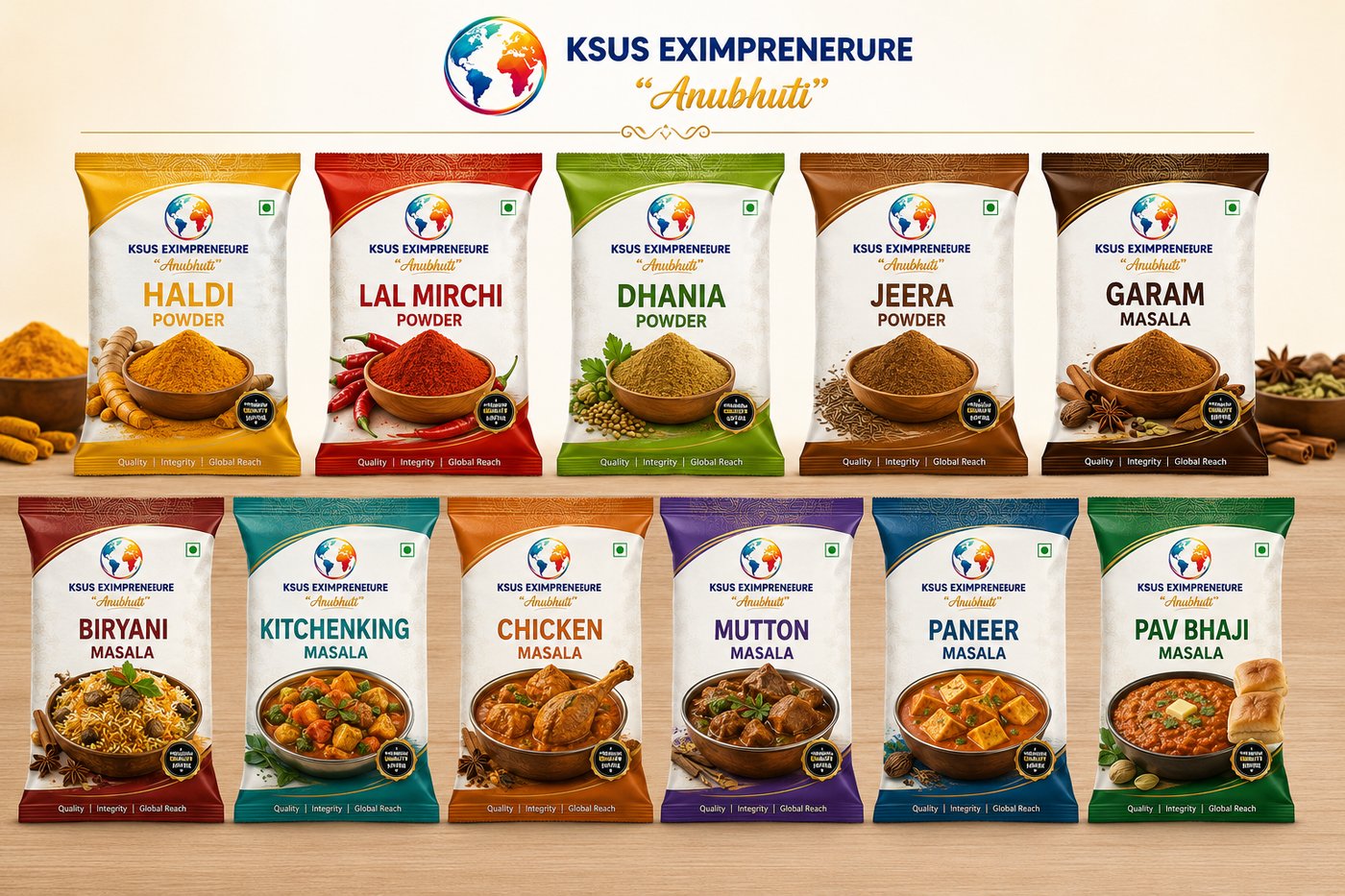 Full range of KSUS EXIMPRENERURE Anubhuti masalas and spice powders